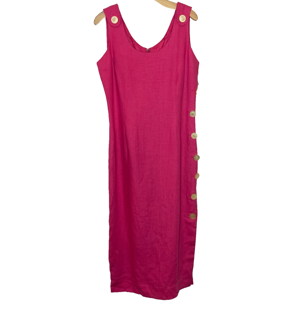 Women's 14 Vtg Santa Fe Pink Midi Fitted Sleeveless V-Neck Dress